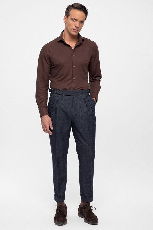 Men's Indigo Wool Look High Waist Pleated Trousers