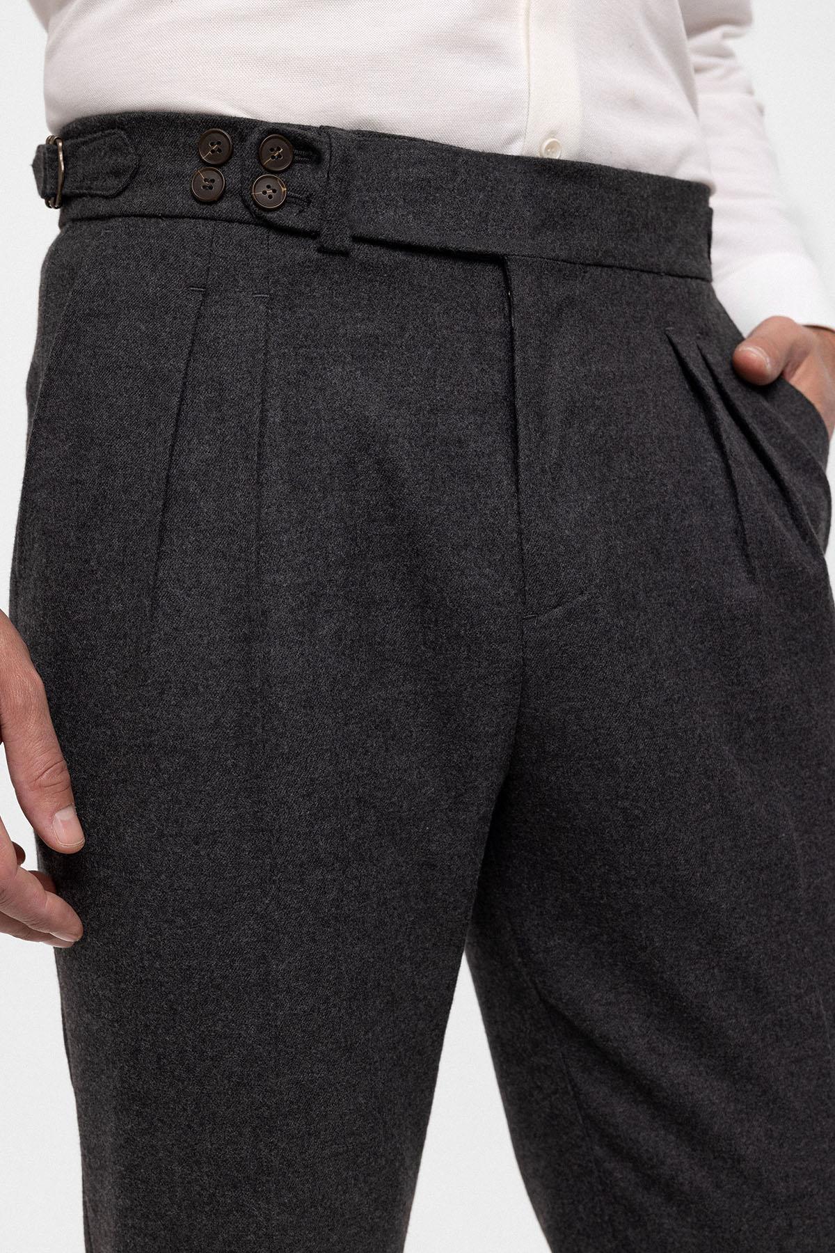 Men's Anthracite Wool Look High Waist Pleated Pants