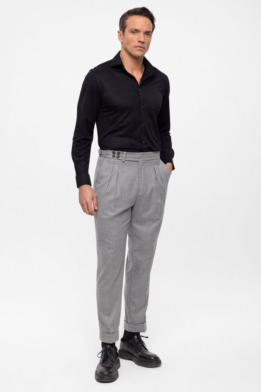 Men's Grey Wool Look High Waist Pleated Pants
