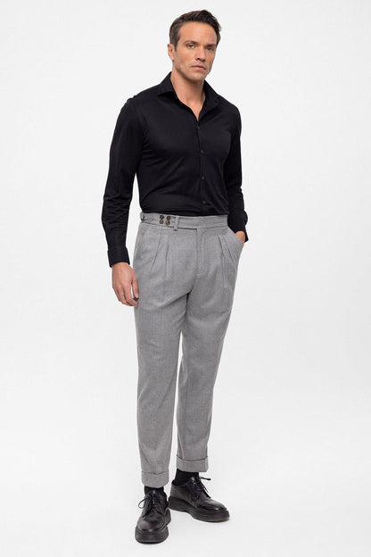 Men's Grey Wool Look High Waist Pleated Pants
