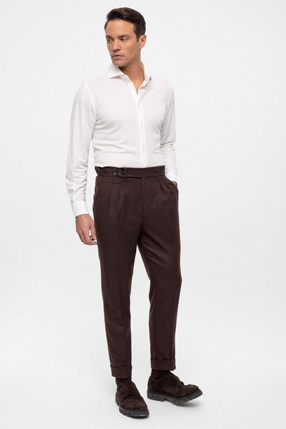 Men's Brown Wool Look High Waist Pleated Pants