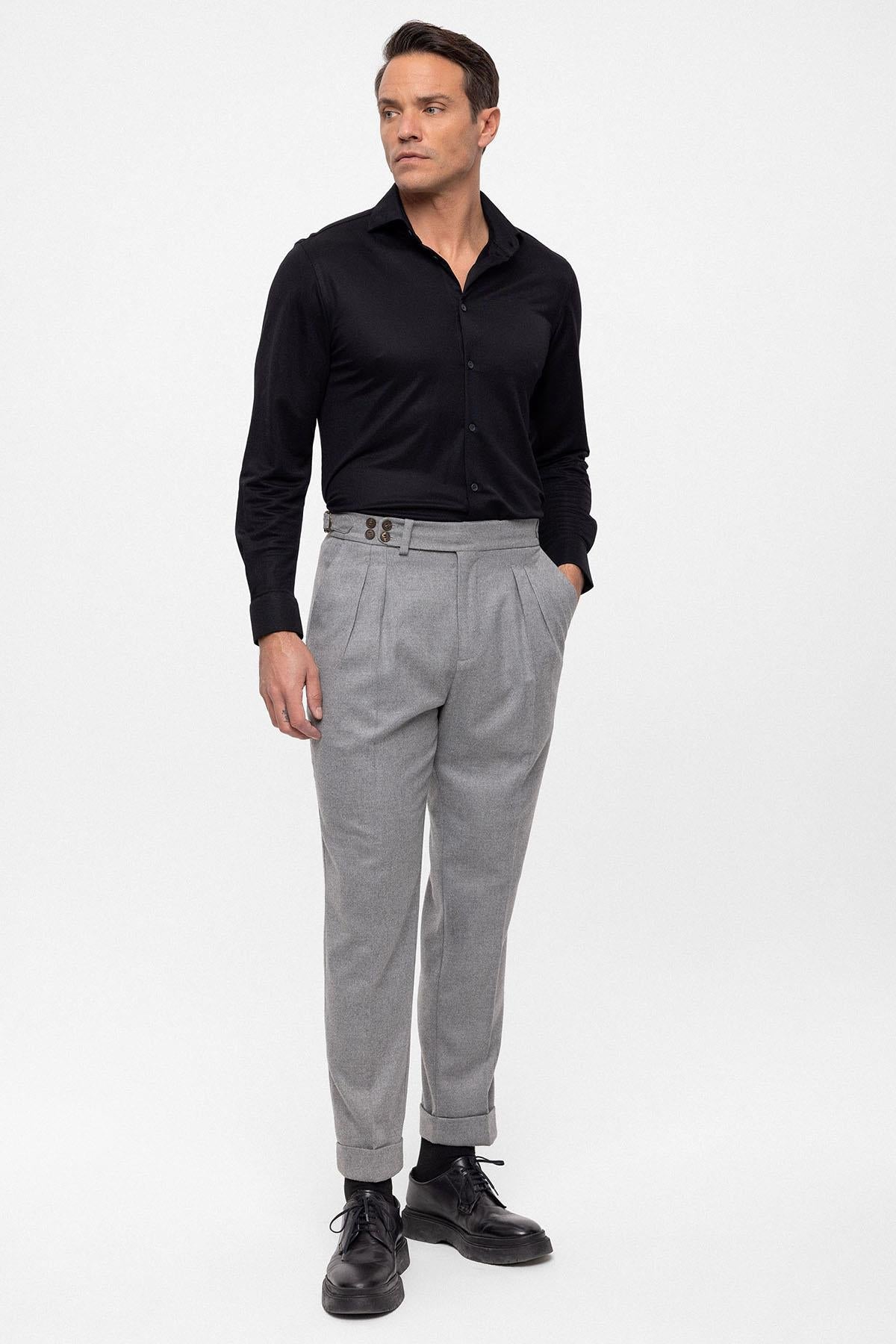 Men's Grey Wool Look High Waist Pleated Pants