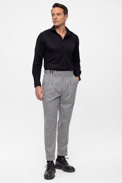 Men's Grey Wool Look High Waist Pleated Pants