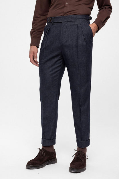 Men's Indigo Wool Look High Waist Pleated Trousers