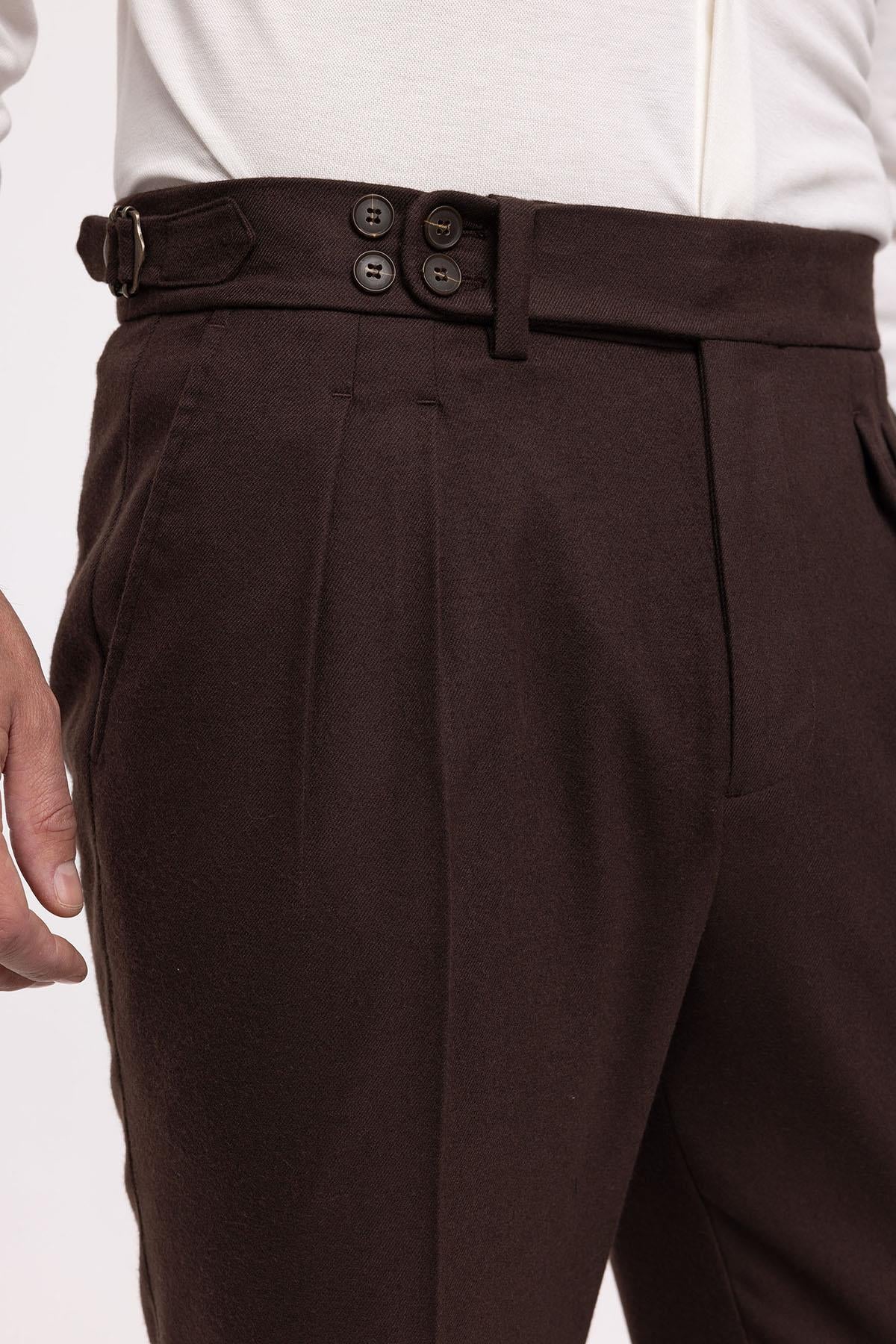 Men's Brown Wool Look High Waist Pleated Pants