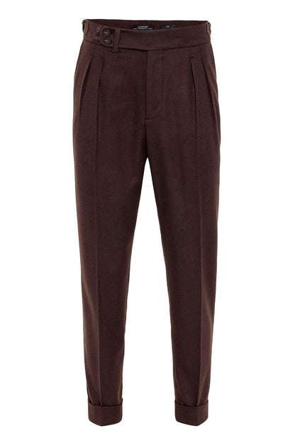 Men's Brown Wool Look High Waist Pleated Pants